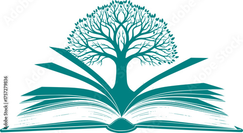 Open Book Tree of Knowledge Black Silhouette. Education, Reading, Literacy, Nature, Growth, Learning, Study, Isolated Vector Symbol, Library.