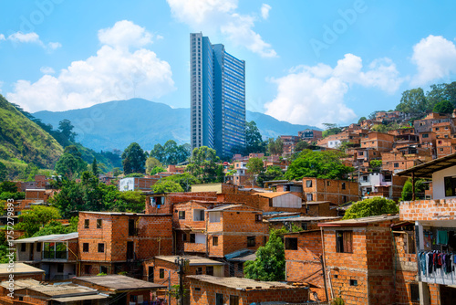 Urban slums neighborhood in Medellin city, Colombia