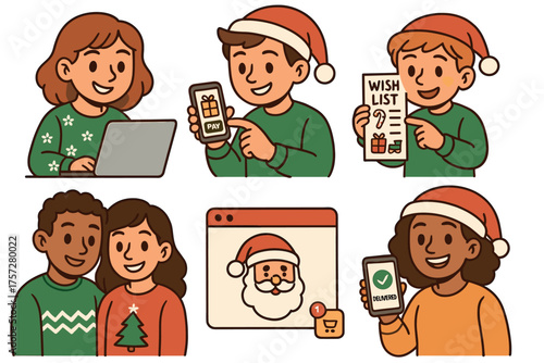 Characters enjoy a festive holiday shopping experience. Set of 6 vector illustration