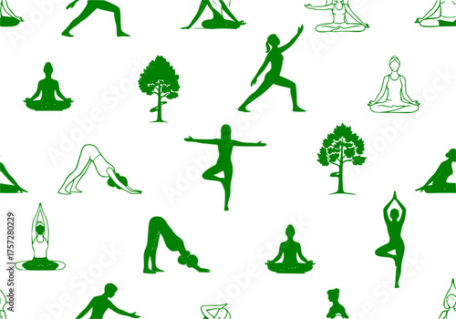 Seamless Yoga Meditation Pose Black Silhouette Pattern. Wellness, Fitness, Health, Mindful, Abstract Background, Fabric Print, Vector Texture.