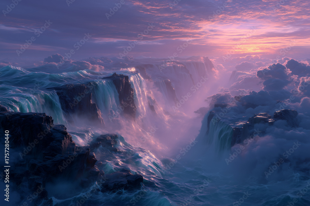 Fototapeta premium Surreal ocean waterfall glowing under a vivid sunset sky