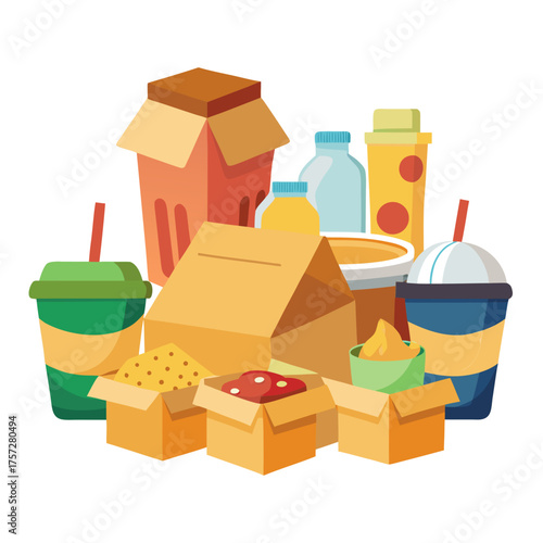 Vector illustration of cardboard food boxes and takeaway containers set