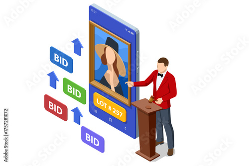 Isometric online art auction with smartphone screen showing painting and bids. Digital gallery, e-commerce, and modern investment concept.