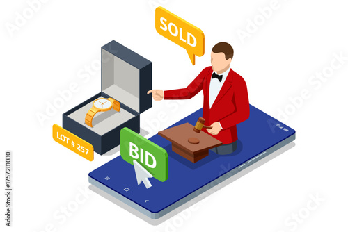 Isometric online auction with watch in box and auctioneer on smartphone. Concept of luxury sale, collectible item, and digital bidding.
