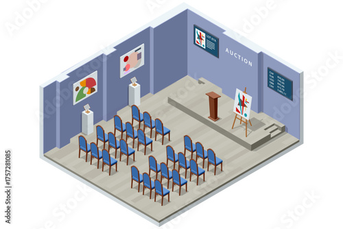 Isometric empty auction hall with podium, chairs, and abstract paintings on the wall. Concept of art exhibition, gallery sale, or auction preparation.