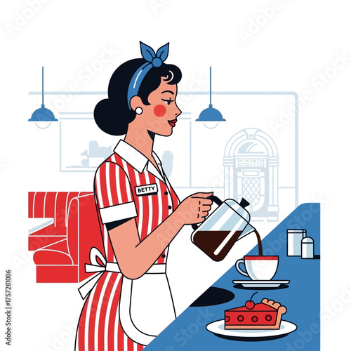 Retro Diner Waitress Pouring Coffee into a Cup.