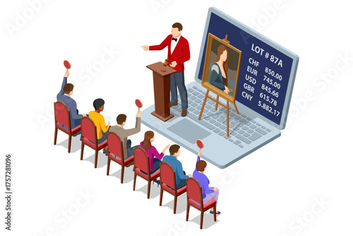 Isometric hybrid auction with people bidding in front of laptop screen showing artwork. Concept of online and in-person art sale.