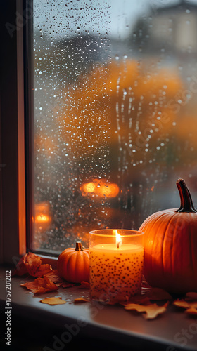 candles and a pumpkin placed on a window sill - offering a cozy view of a rainy autumn evening vertical - orange background