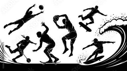 Illustration showing silhouettes of people playing sports such as surfing and skateboarding and basketball