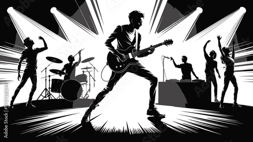 Band performing on stage with lights and audience in black and white illustration style image