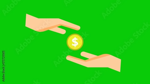 4K animation showing a hand giving a coin to another hand, symbolizing payment, donation, or financial transaction on a green background, representing money exchange, allowance, and generosity.