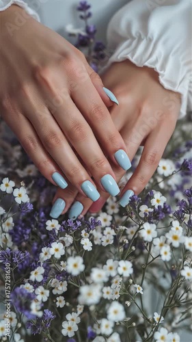 Beautiful hands with light blue nails resting on a bed of colorful flowers in a serene setting