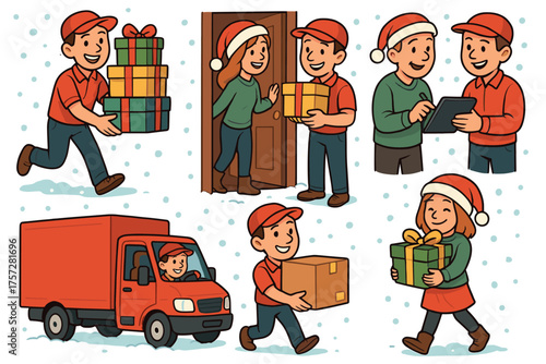 Holiday gift delivery and cheerful interactions during winter season. Set of 6 vector illustration