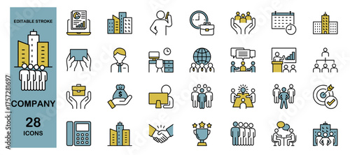 Company Icon Set – Business, Office, Businessman, Management, Meeting, Teamwork, Collaboration and Leadership. Editable Stroke, Colored Vector Illustration