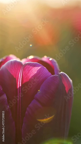 Close view of a purple tulip blooming in a beautiful garden during springtime sunlight