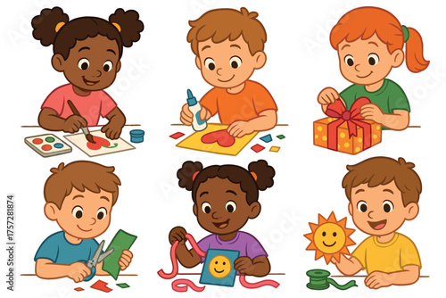 Creative kids crafting fun activities for arts and crafts. Set of 6 vector illustration