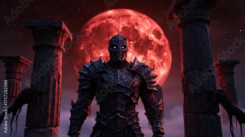 Dark Knight in Armor with Glowing Eyes Against Red Moon Backdrop