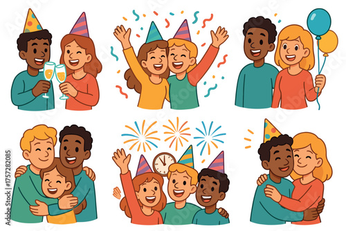 Celebrating friendship and joy at a festive gathering. Set of 6 vector illustration