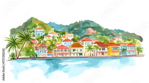 Gustavia. Gustavia hand drawn watercolor illustration