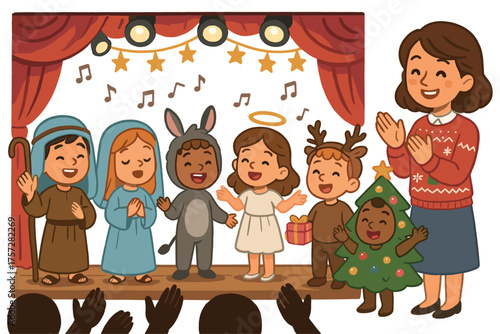 A group of children in colorful holiday costumes performs on stage. 