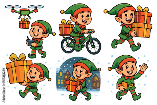 Festive elf delivering gifts during the holiday season. Set of 6 vector illustration