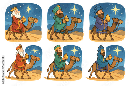 Three wise men journeying under a bright star on camels. Set of 6 vector illustration