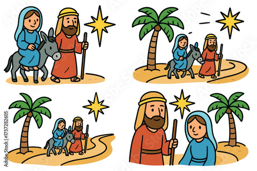 Joyful journey of Mary and Joseph with guiding star in nature. Set of 6 vector illustration