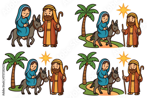 Journey of Mary and Joseph with the donkey in a desert landscape. Set of 6 vector illustration
