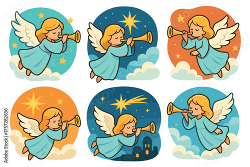 Angel trumpeter in various seasonal scenes for festive designs. Set of 6 vector illustration