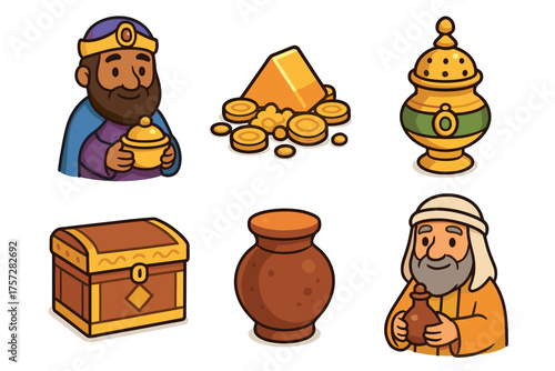 Treasures of ancient kings with gold coins and decorative items. Set of 6 vector illustration