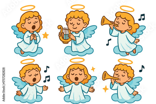 Angels singing and playing musical instruments in joyful scenes. Set of 6 vector illustration