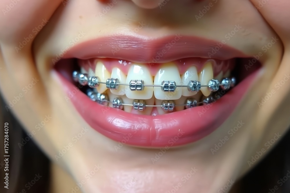 Obraz premium Rainbow-colored metal dental braces on a close-up photo of a female mouth