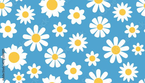 Seamless pattern with white daisy flower on blue background in flat cartoon style. Cute floral texture for textile, wallpaper, wrapping, summer design, fabric, greeting card or print project.