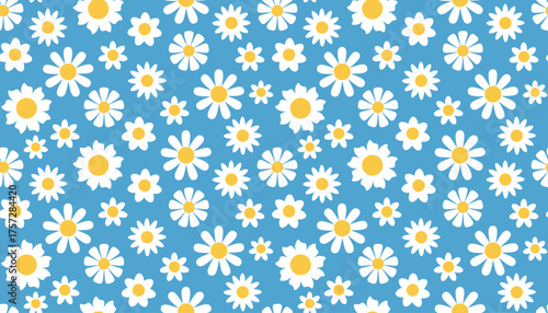 Bright seamless pattern with white daisy flower on blue background in flat cartoon style. Lovely floral design for packaging, paper, fabric, web, summer or decorative surface.