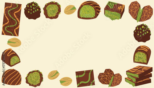 Cute rectangular border made of Dubai chocolate and candy with pistachio in flat cartoon style. Perfect for sweet card, invitation, cafe print, or dessert decoration design.