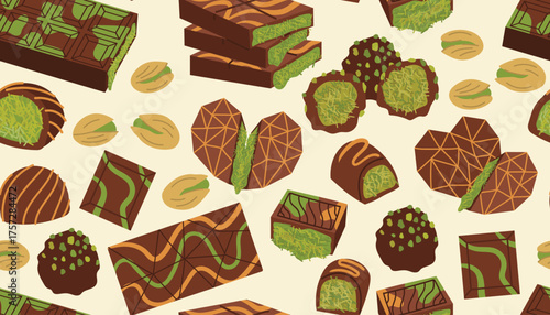 Sweet seamless texture with Dubai candy and chocolate with pistachio in cute flat cartoon style. Tasty oriental dessert art for print, label, packaging, or food design project.