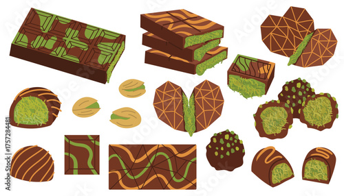 Set of elements with Dubai chocolate and candies with pistachio in flat cartoon style. Cute dessert icons for confectionery, packaging, cafe, sweet card, invitation, or food design project.