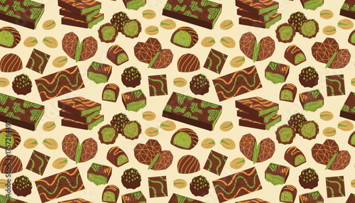 Seamless pattern with Dubai chocolate and oriental sweet with pistachio in flat cartoon style. Delicious dessert background for confectionery design, wrapping, packaging, or cafe decor.