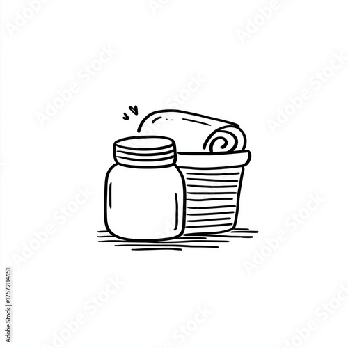 Cream and basket with rolled towels in simple line drawing style