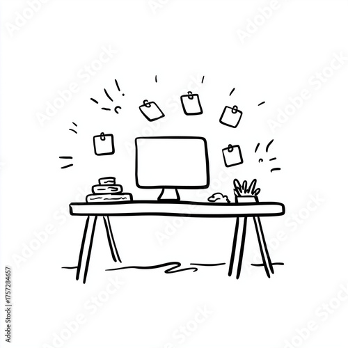Home office desk with computer, stationery, and notes in sketch style