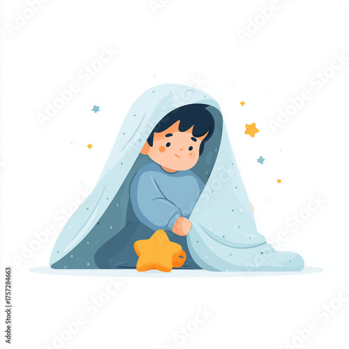 Child placing toy under blanket