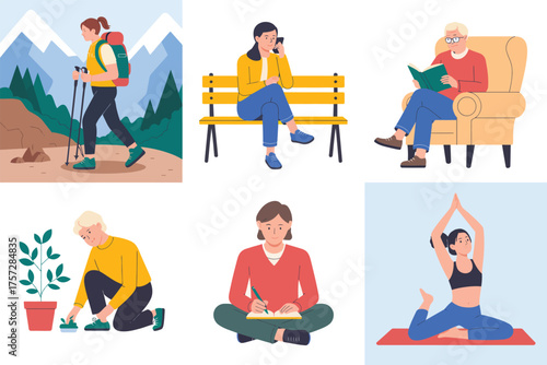 People engaging in various leisure activities and hobbies.