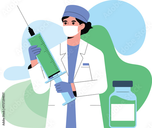 Medical professional prepares for vaccination with syringe and vial.