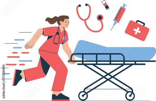 Emergency Medical Technician Rushing with Stretcher and Medical Equipment.