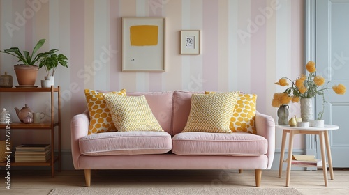 Living room with a pink sofa against a striped wall. the sofa has two yellow throw pillows with white polka dots on it.