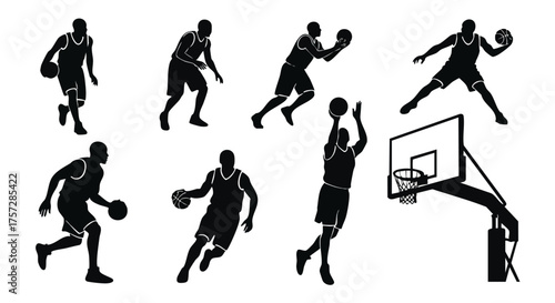Basketball Player Silhouette Vector — Dribbling, Dunking, and Shooting Action Poses