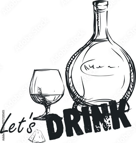 Bar or pub banner featuring strong alcohol, hand-drawn sketch style, cognac bottle, glass. Premium spirits. Vector design for restaurant style, restaurant poster, alcohol menu, kitchen decor, party
