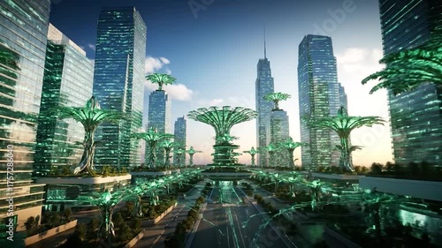 Futuristic Cityscape with Glowing Trees and Modern Architecture Video