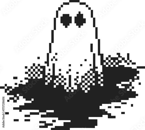 Pixelated ghost figure rising from black liquid surface retro 8 bit video game design, mysterious supernatural apparition
