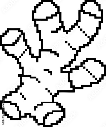 Pixel art ginger root outline black and white digital drawing, isolated herbal rhizome illustration for healthy food, spice, asian cuisine
